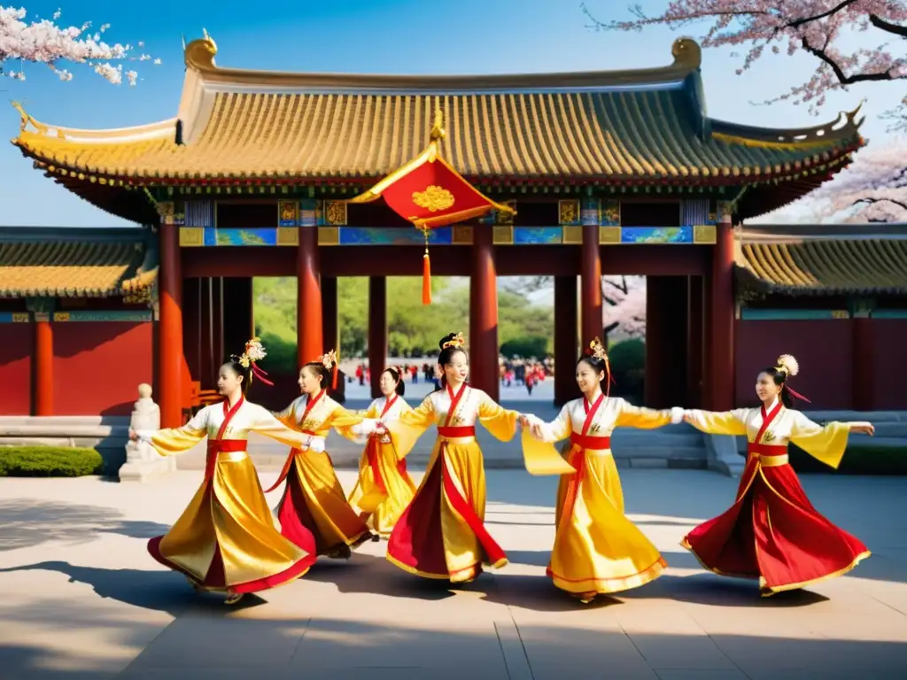 Danza de la cinta china tradicional: Bailarines en trajes coloridos realizan la grácil y precisa danza de la cinta entre jardín tradicional chino