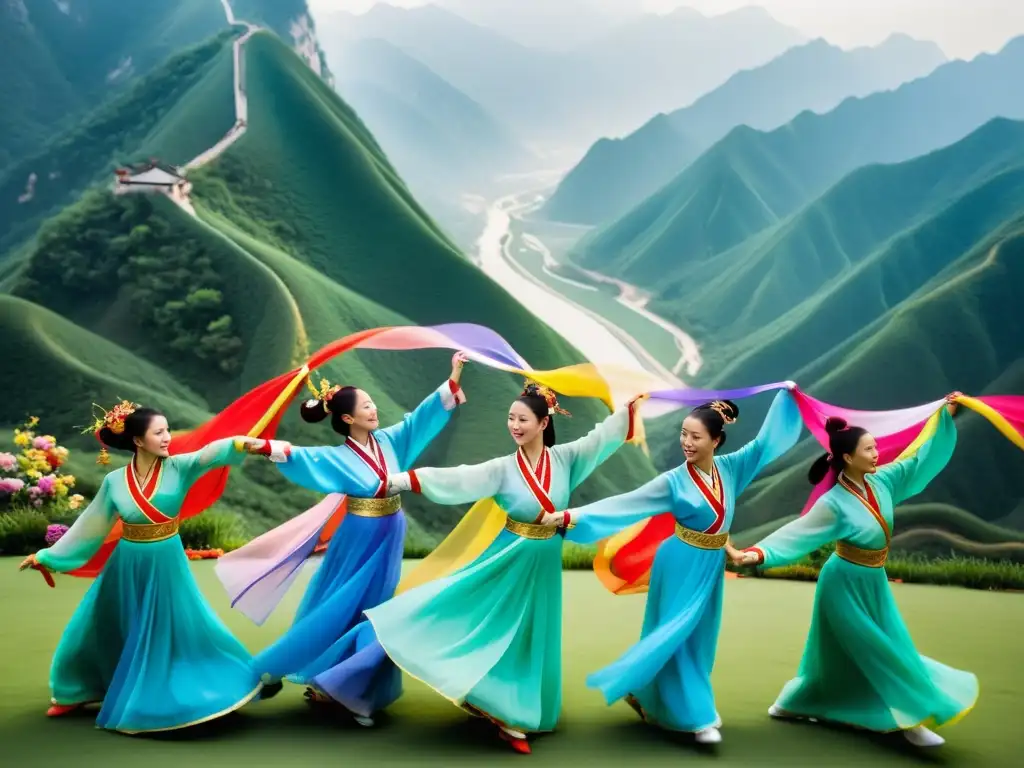 Danza de la cinta china tradicional: Bailarines gráciles con coloridos lazos, movimientos fluidos y montaña neblinosa al fondo