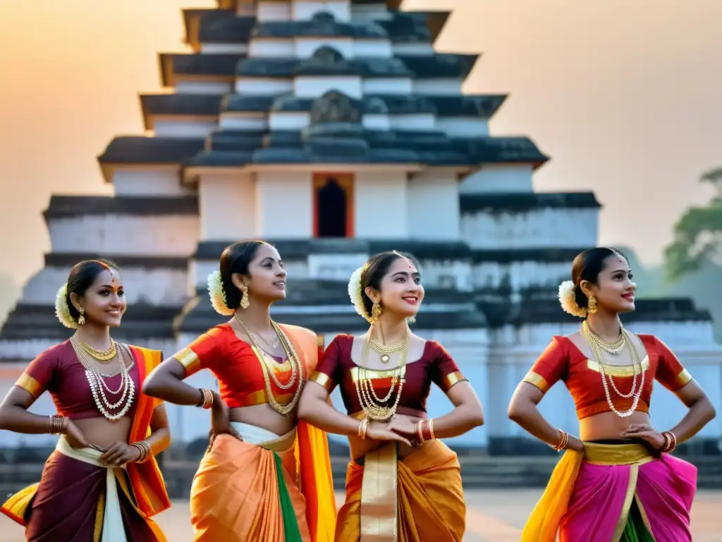 Danza clásica Sattriya de Assam: Bailarines en trajes tradicionales frente a un templo histórico, con gestos y expresiones devotas