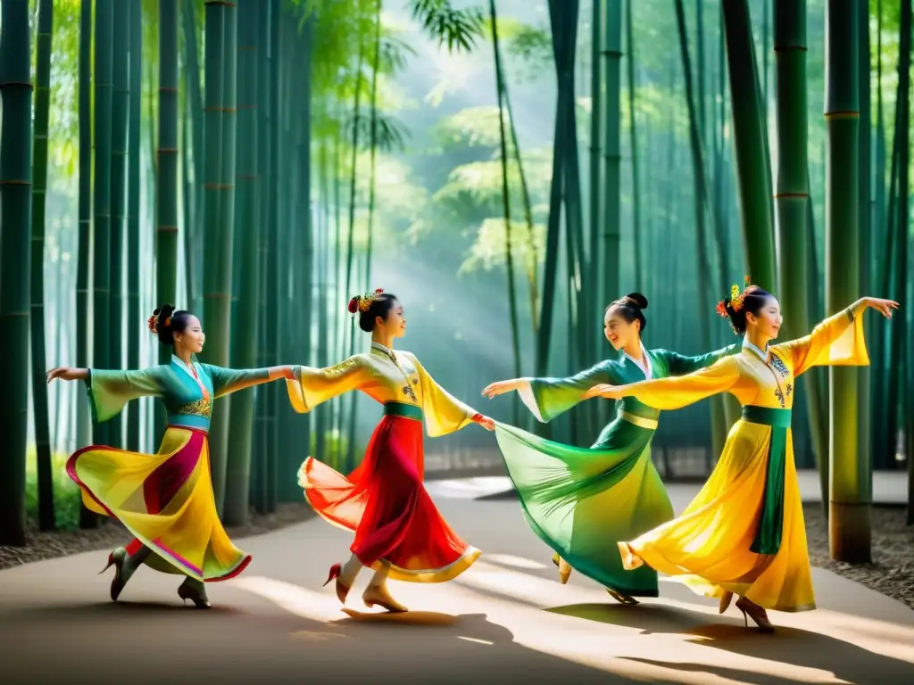 Danza clásica china significado cultural: Bailarines elegantes en trajes de seda, movimientos sincronizados en un bosque de bambú sereno