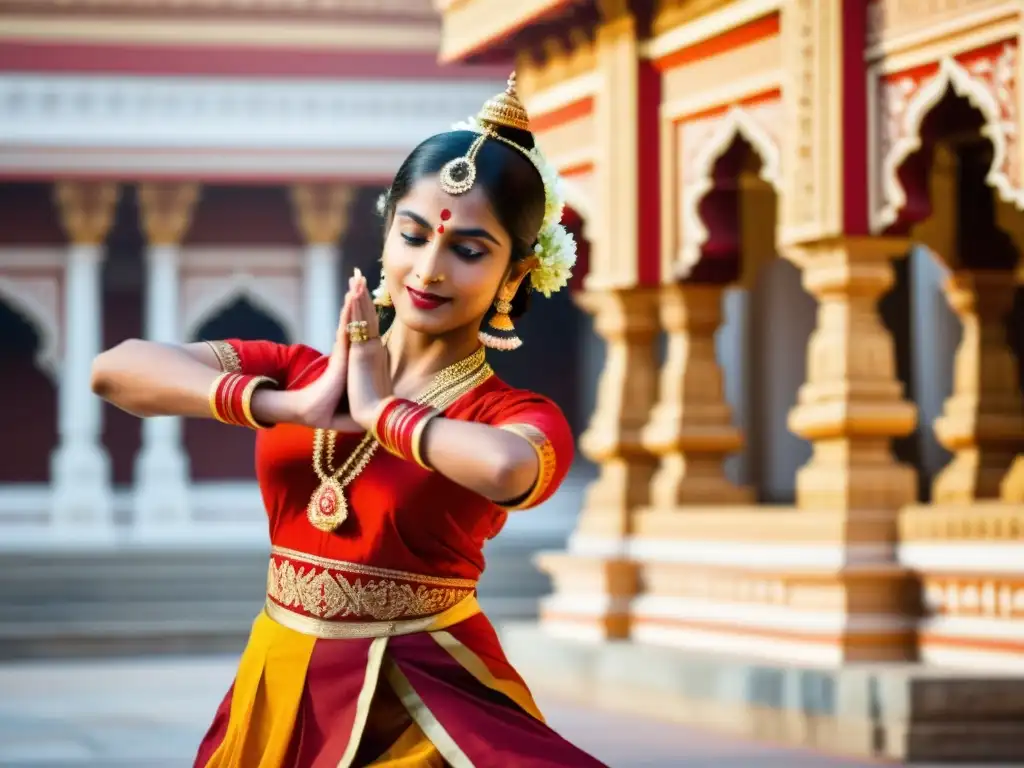 Danza clásica india modernización siglo XXI: Bailarina expresiva en atuendo tradicional, en un palacio histórico