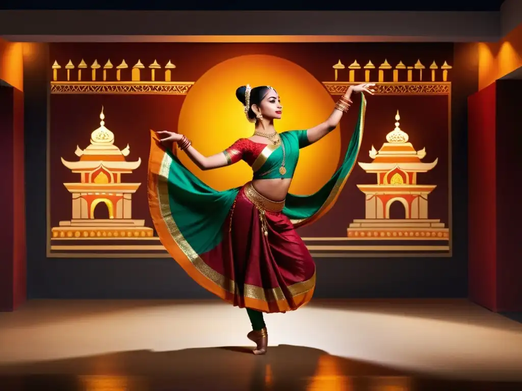 Danza clásica tradicional de India: Bailarina de Bharatanatyam en estudio adornado con arte y murales hindúes, emitiendo gracia y devoción