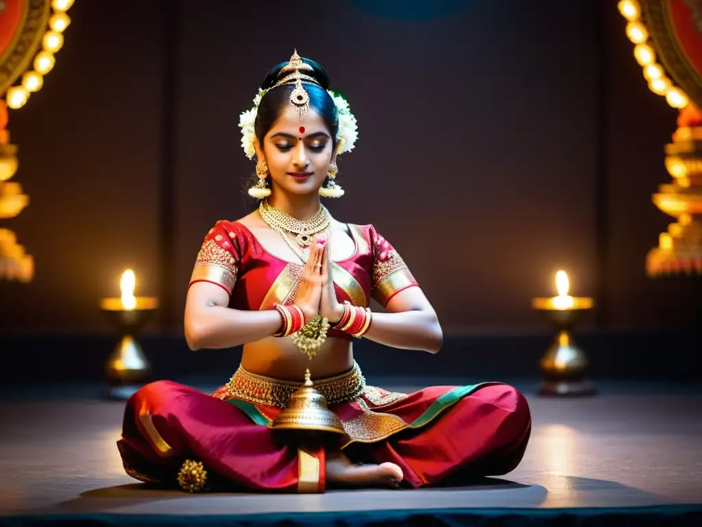 Danza clásica de la India: Una bailarina gráciles realiza una mudra con vestuario tradicional en un escenario atmosférico