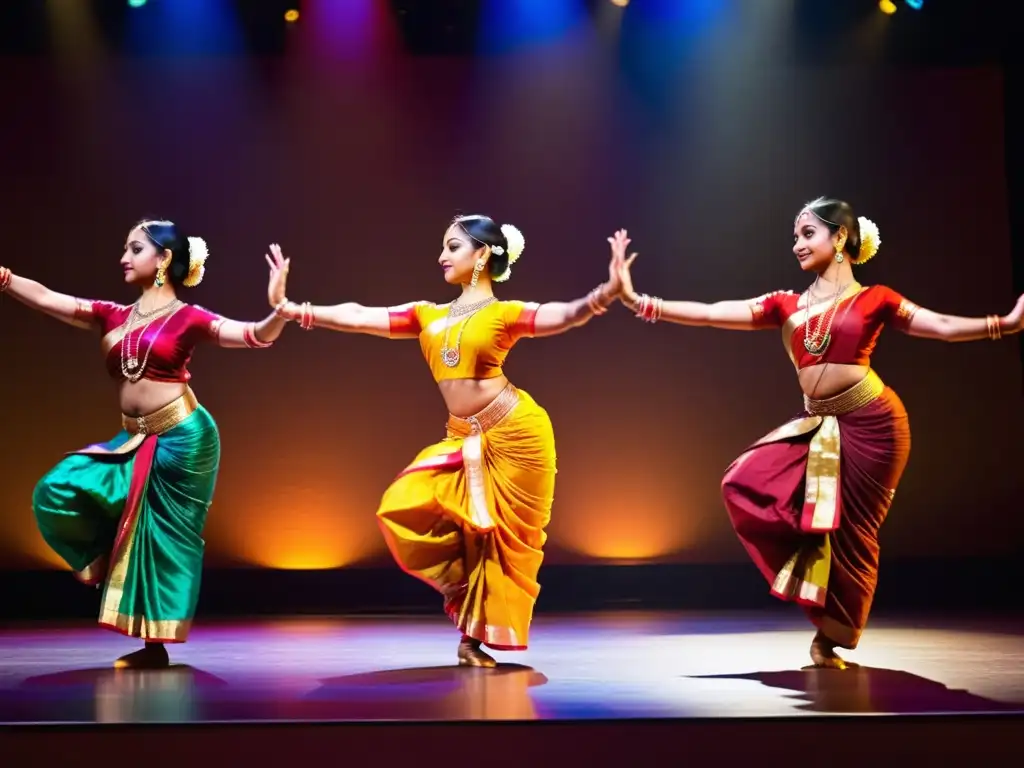 Aprende Bharatanatyam danza clásica India: Grupo de bailarines realiza baile tradicional en vibrante actuación