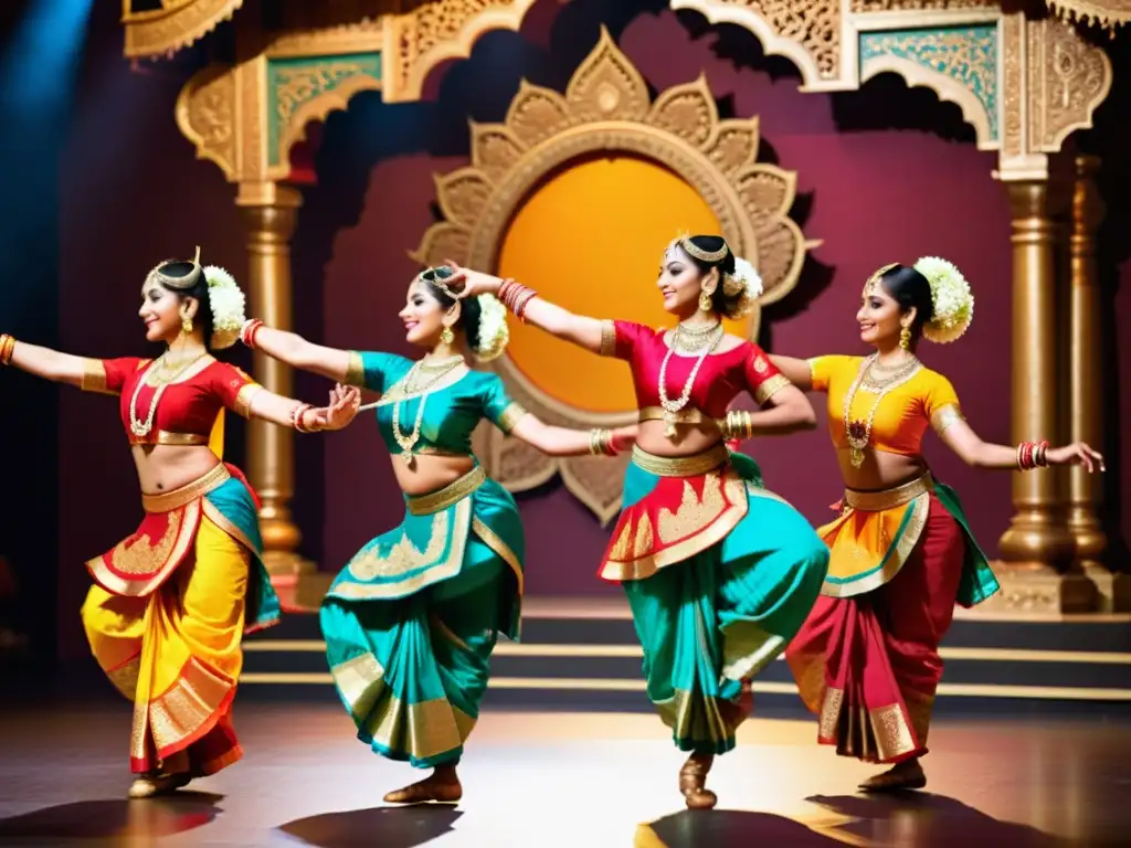 Danza clásica tradicional de India con movimientos elegantes, vestimenta colorida y arquitectura de fondo