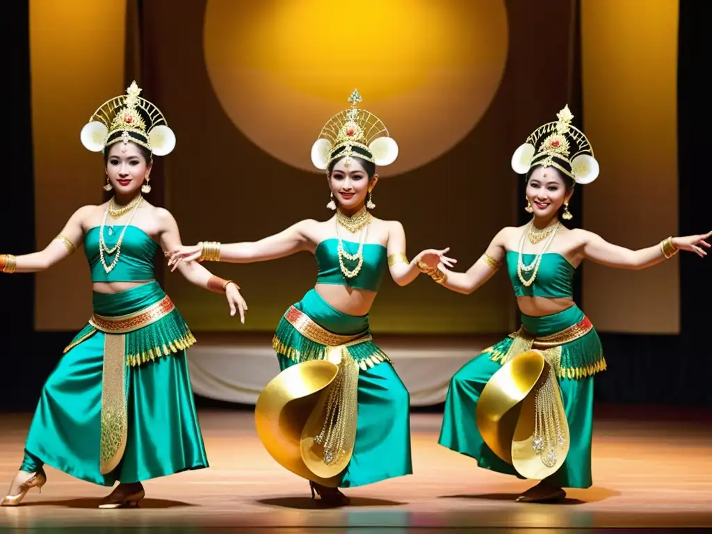 Danza clásica de Java significado cultural: Grupo de bailarines javaneses elegantemente ataviados, en una actuación cautivadora con movimientos expresivos y trajes tradicionales coloridos, en un escenario iluminado suavemente