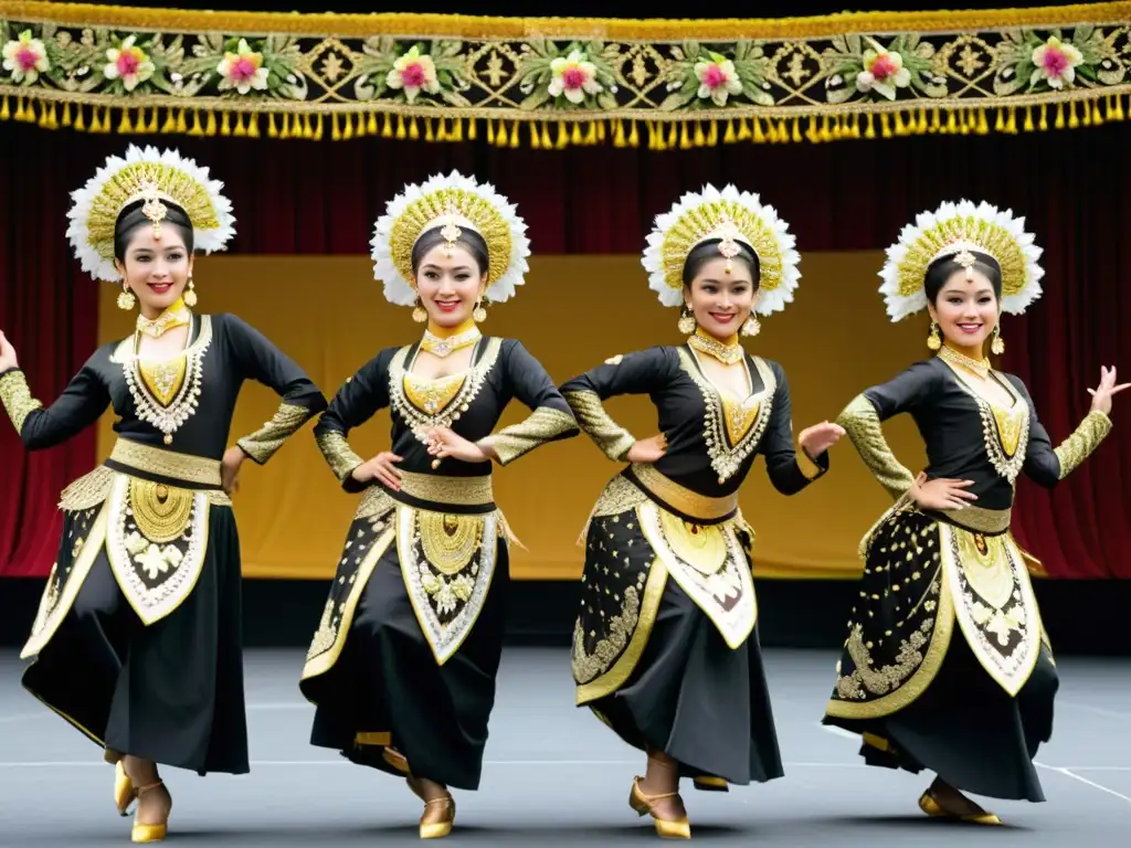 Danza clásica de Java significado cultural: Bailarines javaneses con trajes tradicionales ejecutan una danza elegante y sincronizada en un escenario con decoraciones florales vibrantes