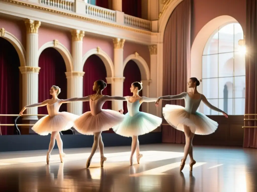 Evolución de la danza clásica: Ballerinas realizan un grand jeté en un teatro histórico, capturando la gracia del ballet clásico en una escena elegante y atemporal