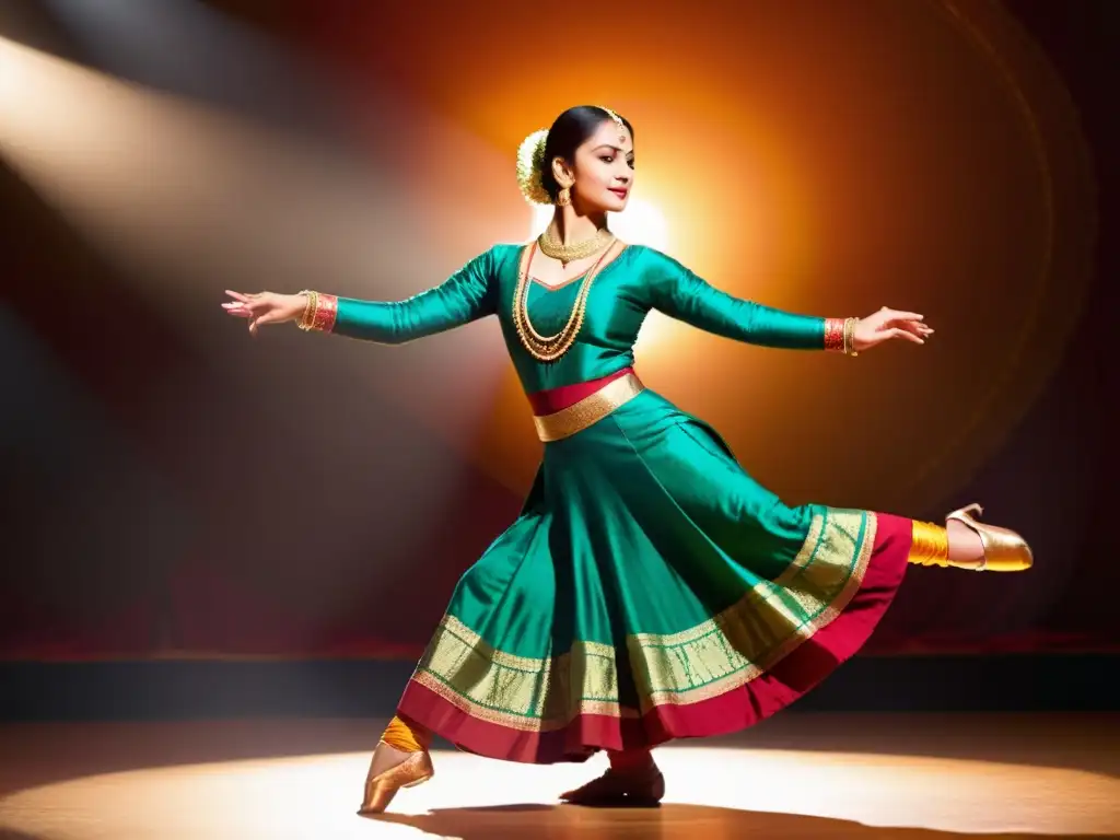 Danza clásica India Kathak técnica: Una bailarina ejecuta grácilmente movimientos complejos con un traje vibrante y expresión cautivadora, iluminada por cálidas luces de escenario y motivos tradicionales indios