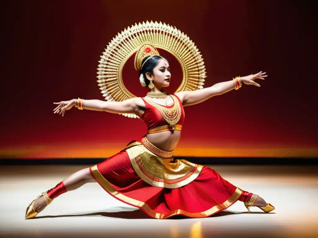 Danza clásica Sattriya de Assam: Bailarina en traje rojo y dorado ejecutando una elegante secuencia de pasos, con expresión y movimientos devotos