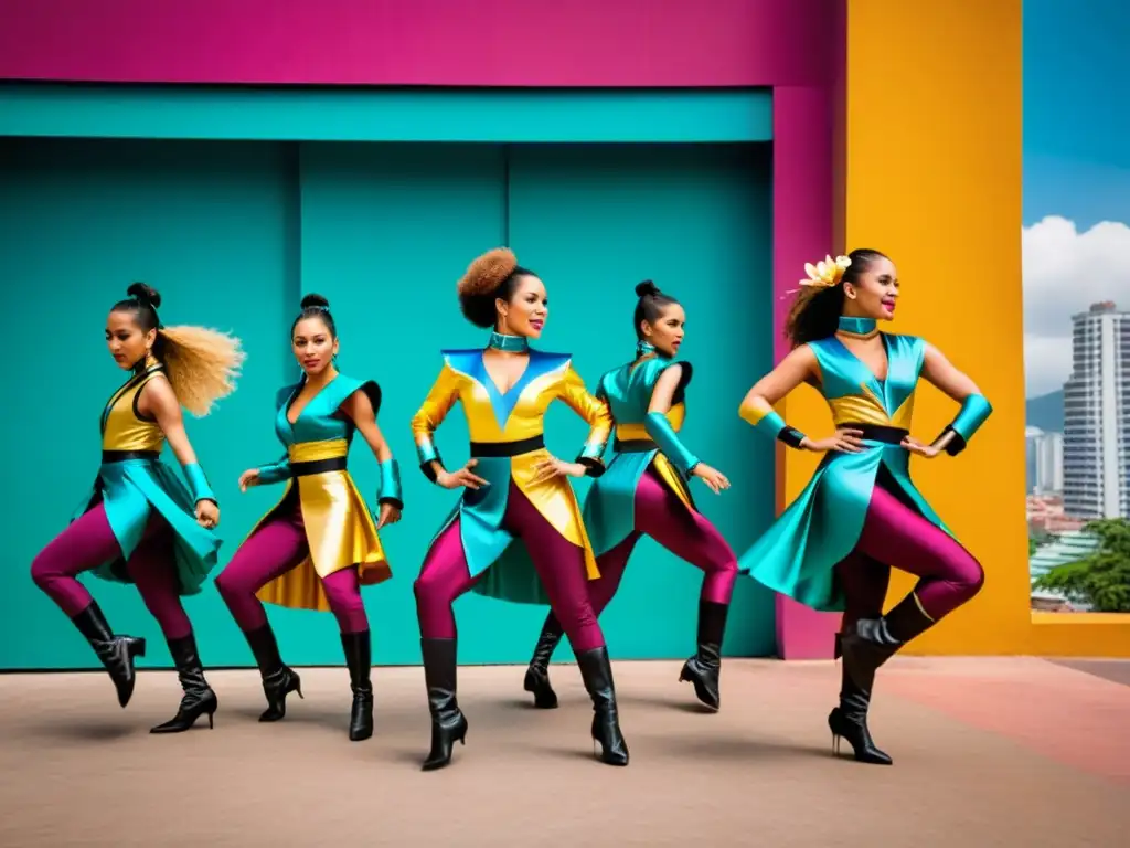 Innovación de la danza colombiana: Bailarines de cumbia con trajes futuristas capturados en movimiento en una ciudad colombiana vibrante