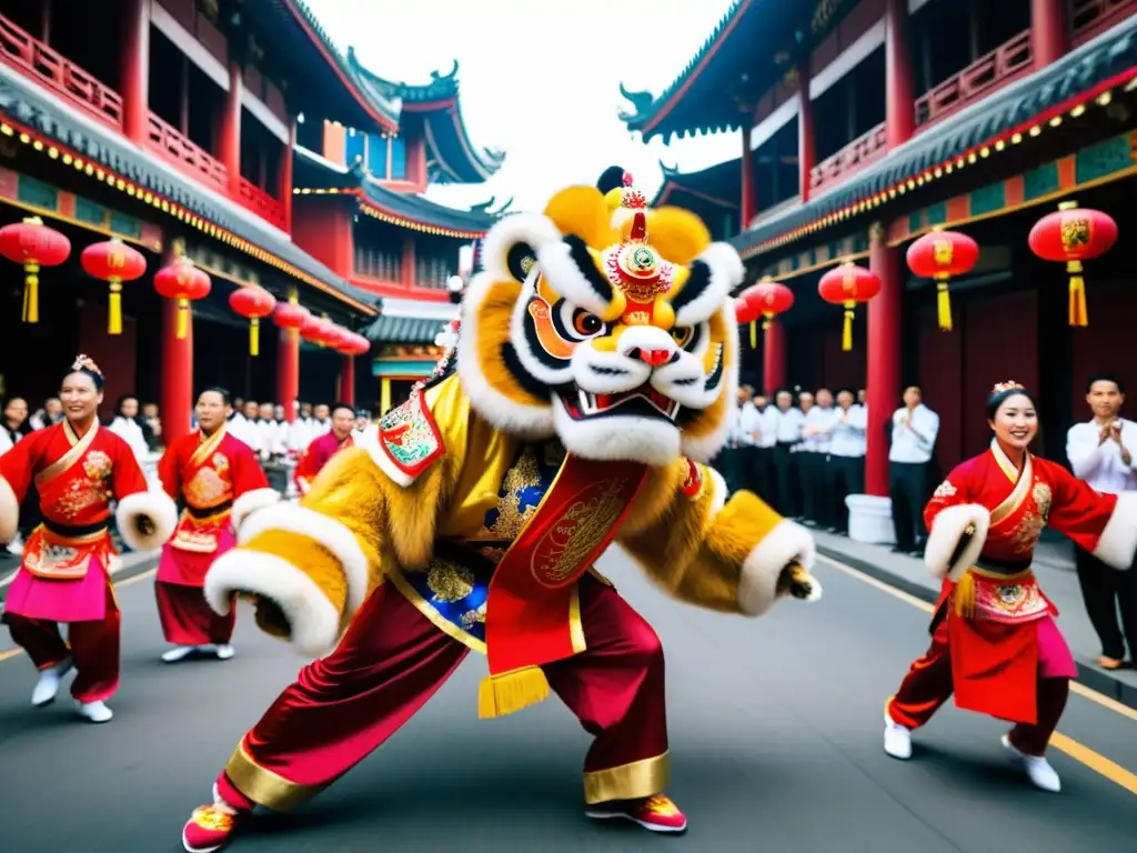 Danza del león en Asia: Colorido baile callejero captura la energía y tradición de la celebración, con movimientos dinámicos y trajes vibrantes