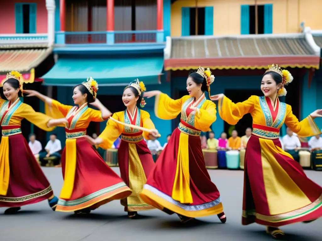 Danza Tet Nguyen Dan Vietnam: Coloridos trajes vietnamitas danzan en mercado bullicioso al atardecer, entre luces y música festiva