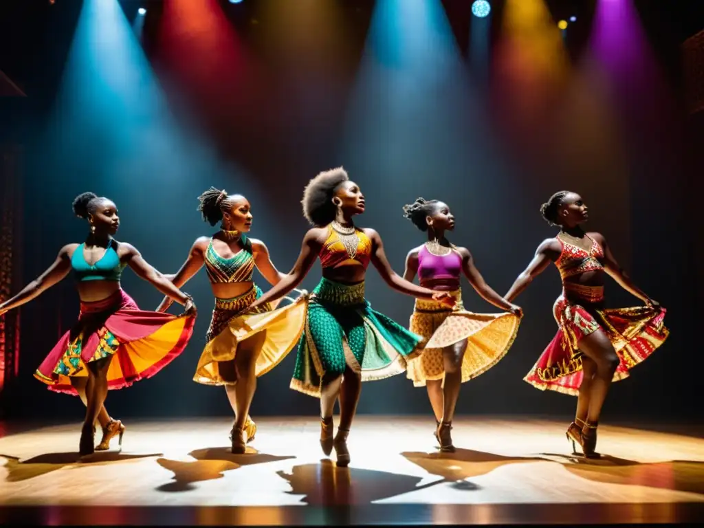 Danza contemporánea africana tradición: Grupo de bailarines africanos en vibrantes trajes, expresando pasión y energía en el escenario