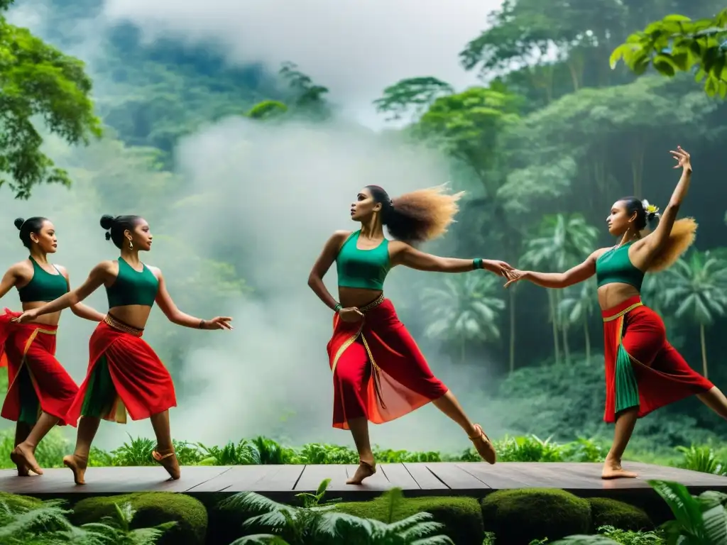 Danza contemporánea impacto tradiciones indígenas: Grupo de bailarines combina danza moderna y tradicional en el bosque exuberante