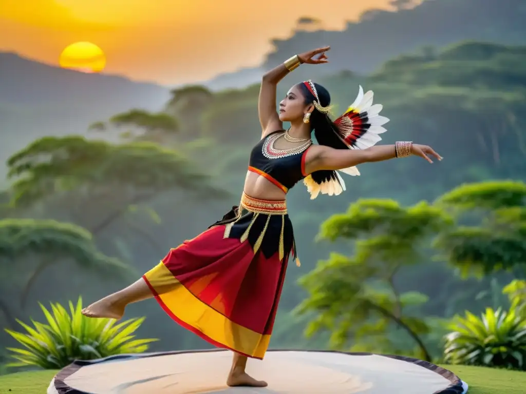 Danza contemporánea impacto tradiciones indígenas: Bailarín indígena con atuendo tradicional realiza elegante rutina en entorno natural al atardecer