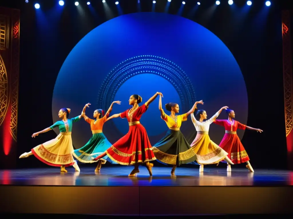 Danza contemporánea que fusiona raíces culturales en un escenario iluminado con símbolos y trajes tradicionales de todo el mundo