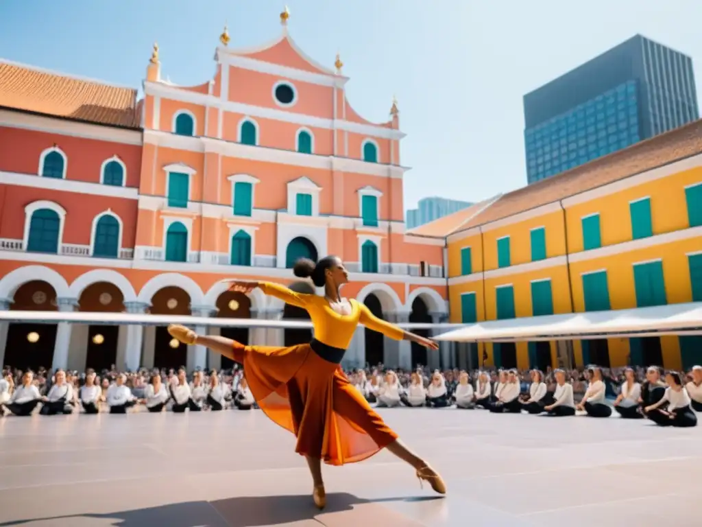 Danza contemporánea que fusiona raíces culturales en vibrante plaza de ciudad multicultural