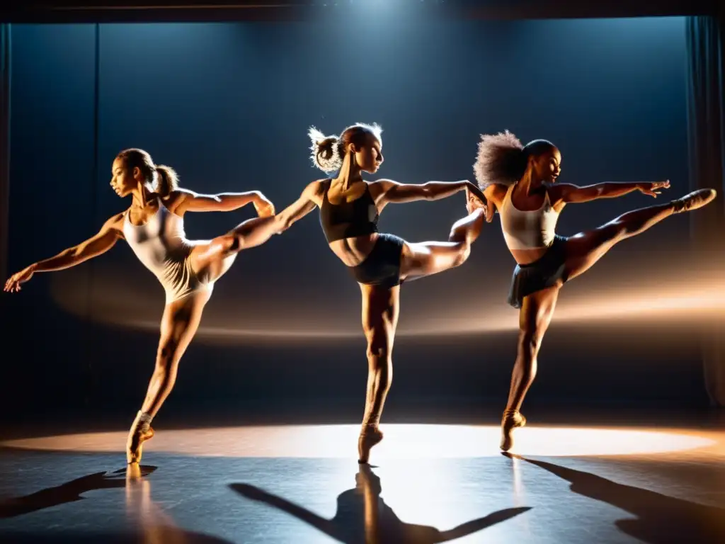 Danza contemporánea con raíces culturales: bailarines en movimiento capturados en el estudio, expresando pasión y energía