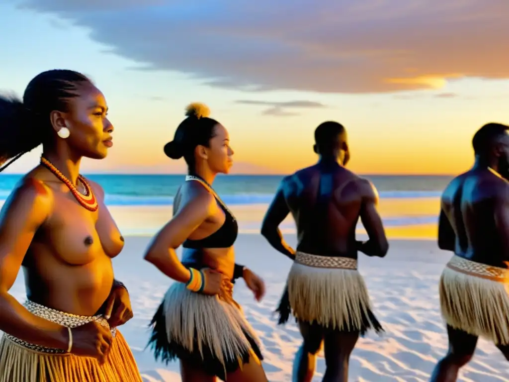 Danza contemporánea tradicional en Oceanía: Bailarines ejecutan ritual al atardecer en la playa, con trajes vibrantes y movimientos intrincados, mientras la comunidad observa con reverencia y orgullo