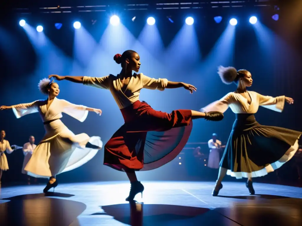 Fusión de danza contemporánea tradicional: Bailarines y músicos se entrelazan en un escenario iluminado, creando una atmósfera vibrante y dinámica