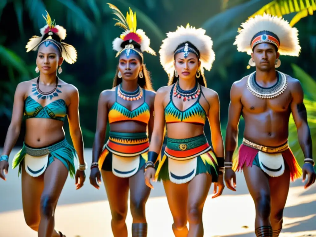 Danza contemporánea tradicional Oceanía: Bailarines con trajes vibrantes realizan danza tribal entre exuberante vegetación y atardecer