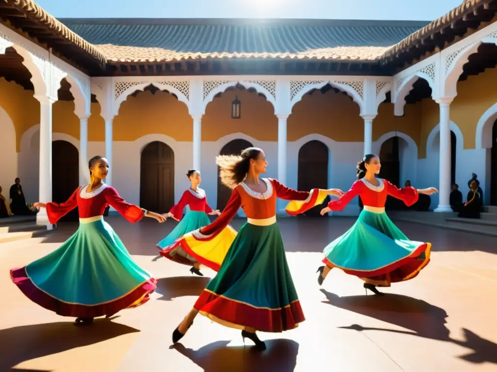 Fusión de danza contemporánea tradicional: Grupo de bailarines contemporáneos y tradicionales, con trajes vibrantes, bailando en un patio con arquitectura ornamental