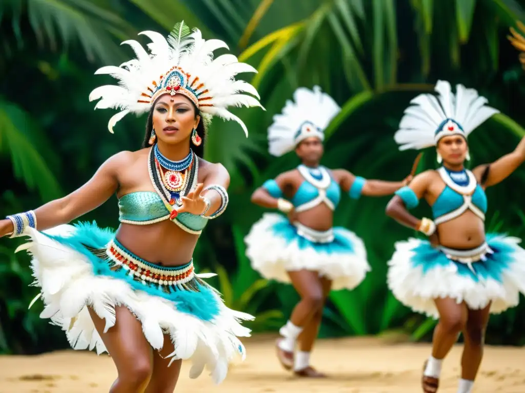 Danza contemporánea tradicional Oceanía: Grupo de bailarines con trajes de plumas y conchas, danzando en un paisaje tropical exuberante