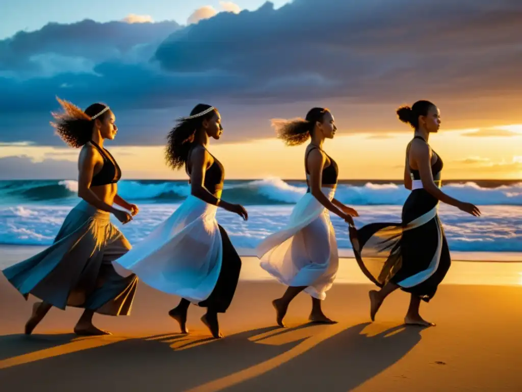 Danza contemporánea tradicional Oceanía: Grupo de bailarines en atuendos tradicionales ejecutando una cautivadora rutina en la playa al atardecer