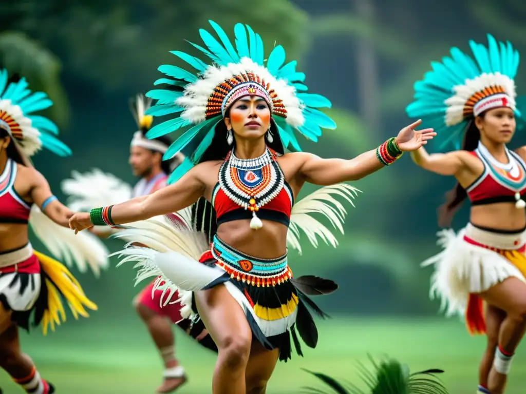 Danza contemporánea y tradiciones indígenas: Imagen de bailarines indígenas en trajes coloridos y plumas, representando orgullo y energía rítmica en un entorno natural exuberante