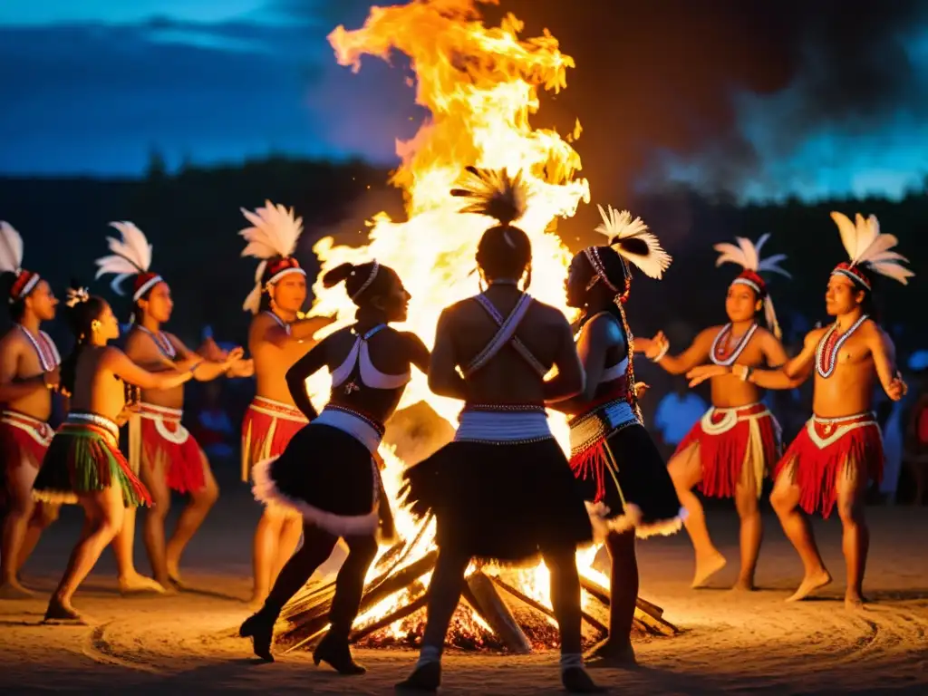 Danza contemporánea y tradiciones indígenas: Grupo de bailarines indígenas en vibrante atuendo tradicional, danzando alrededor de una fogata