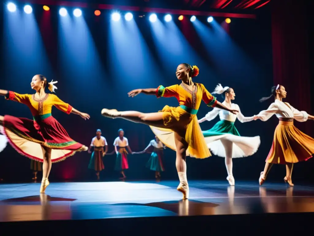 Danza contemporánea que fusiona tradiciones mundiales en un escenario vibrante, reflejando la diversidad y belleza del arte