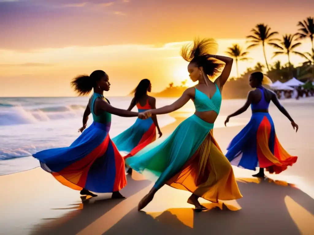 Danza contemporánea y tradiciones Oceanía: Bailarines ejecutan movimientos fluidos en la playa al atardecer, fusionando modernidad y herencia cultural