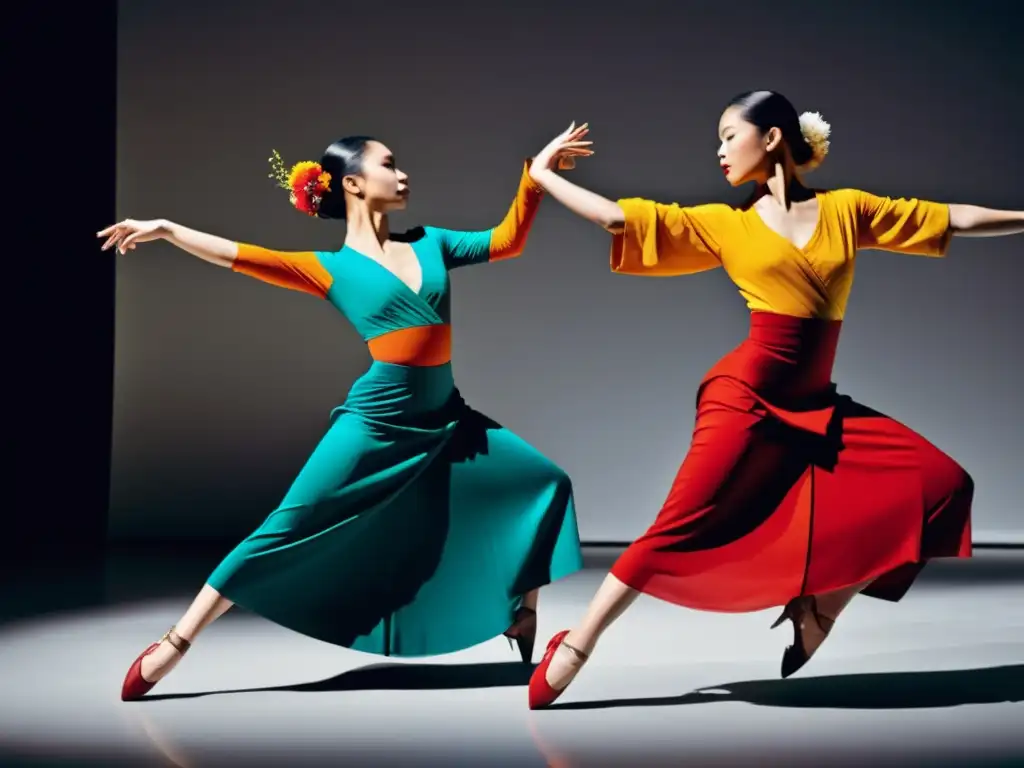 Danza contemporánea con trajes tradicionales reimaginados, mostrando la influencia de la moda contemporánea en trajes de danza tradicional