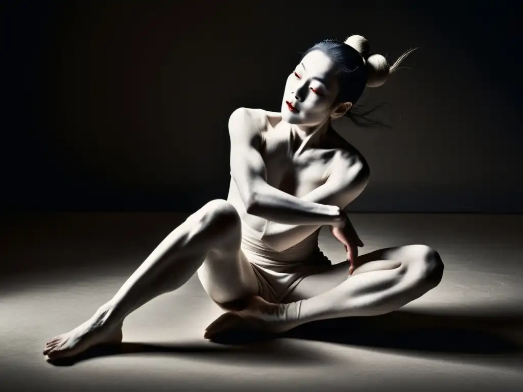 Danza Butoh expresión corporal: Fotografía de un bailarín Butoh en pose dinámica y expresiva, con intensa emoción en su rostro y cuerpo contorsionado