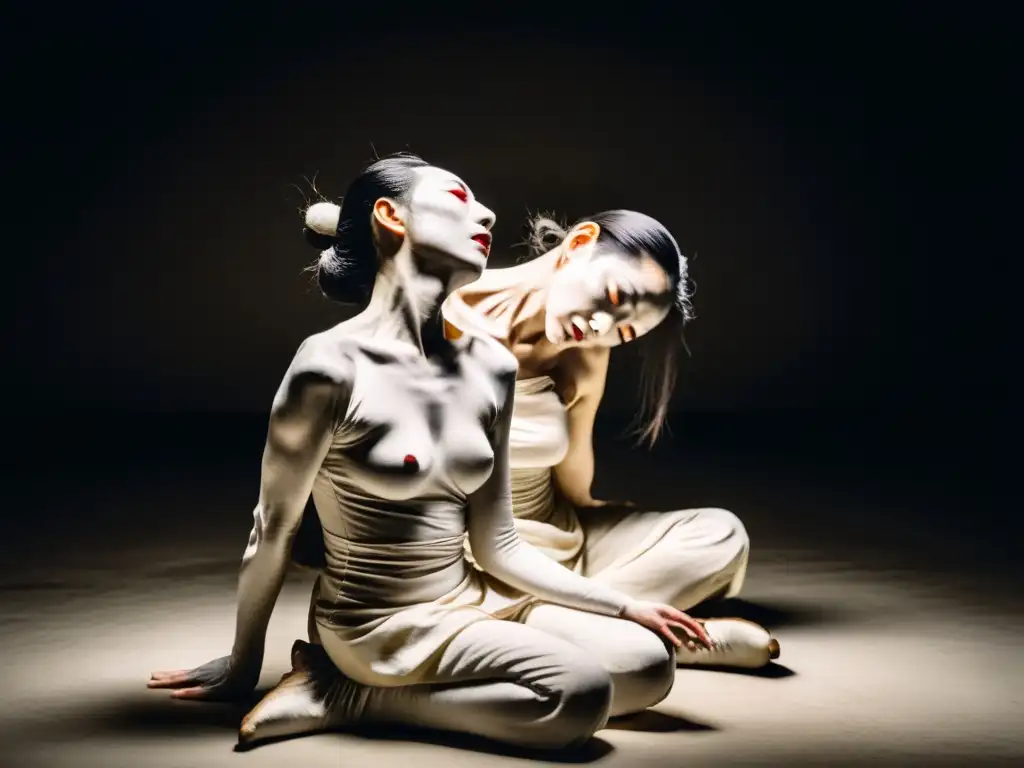 Danza Butoh: expresión corporal en movimientos contorsionados y rostros intensos, en un espacio en penumbra