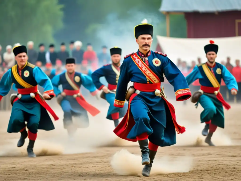 Danza Cossack significado cultural: Grupo de bailarines Cossack con trajes tradicionales, saltando con agilidad y orgullo