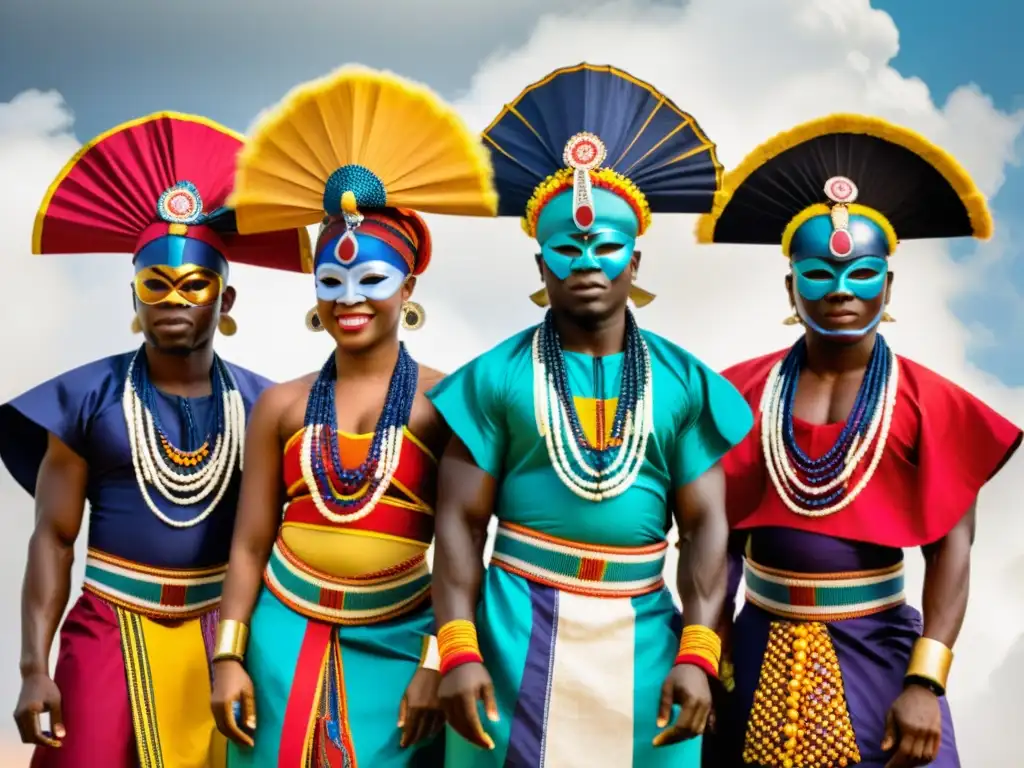 Danza Egungun en la cultura Yoruba: Bailarines vistiendo coloridos trajes y máscaras representando espíritus ancestrales, en una vibrante danza ritual