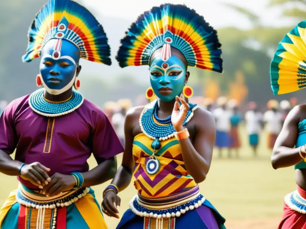 Danza Egungun en la cultura Yoruba: Bailarines con trajes vibrantes y máscaras elaboradas realizan un ritual espiritual entre espectadores, bajo el sol