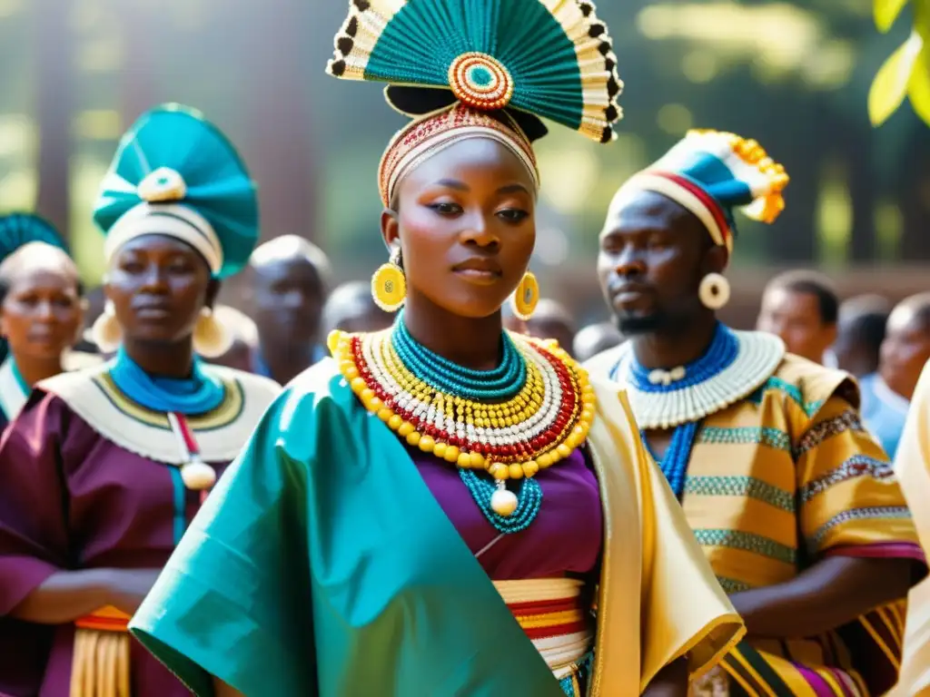 Danza Egungun en la cultura Yoruba: Grupo de bailarines con trajes elaborados y coloridos en una danza ritual al aire libre