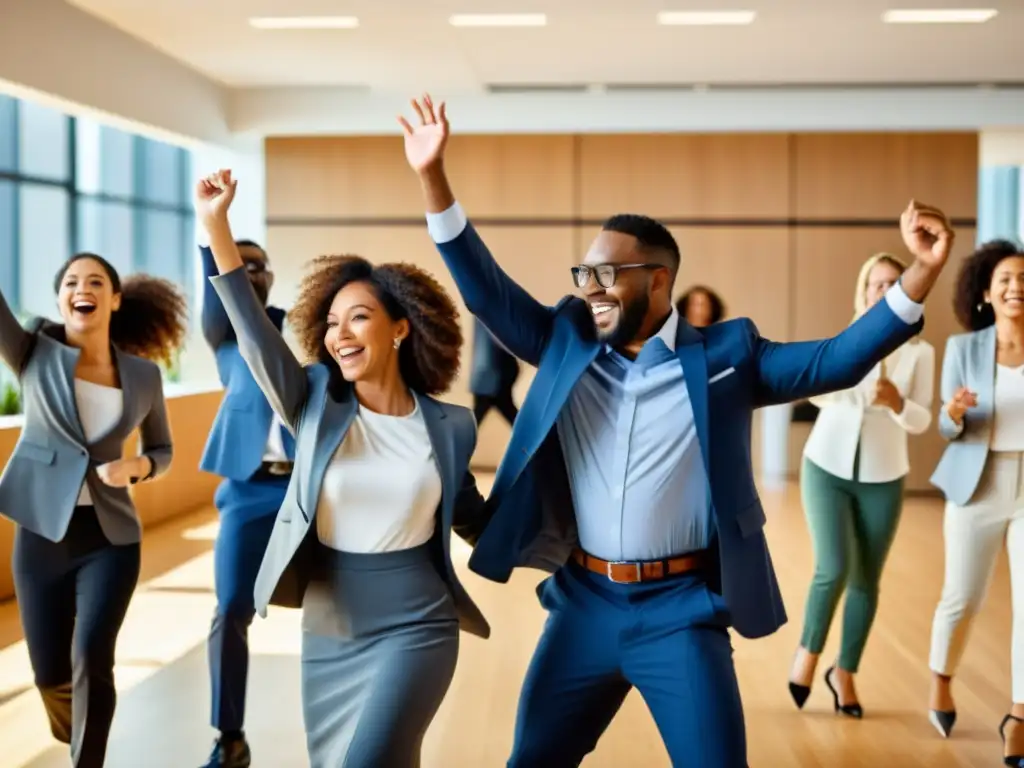 Implementar danza en cultura organizacional: Empleados bailando en equipo en una oficina moderna, transmitiendo energía y colaboración