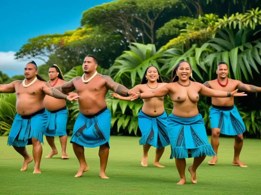 Danza Samoana Fa'ataupati: expresión cultural y fuerza, tatuajes tradicionales y vestimenta vibrante en medio de exuberante naturaleza