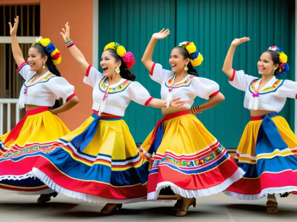 Danza de cumbia: bailarines en trajes tradicionales colombianos, movimientos gráciles y alegre atmósfera festiva