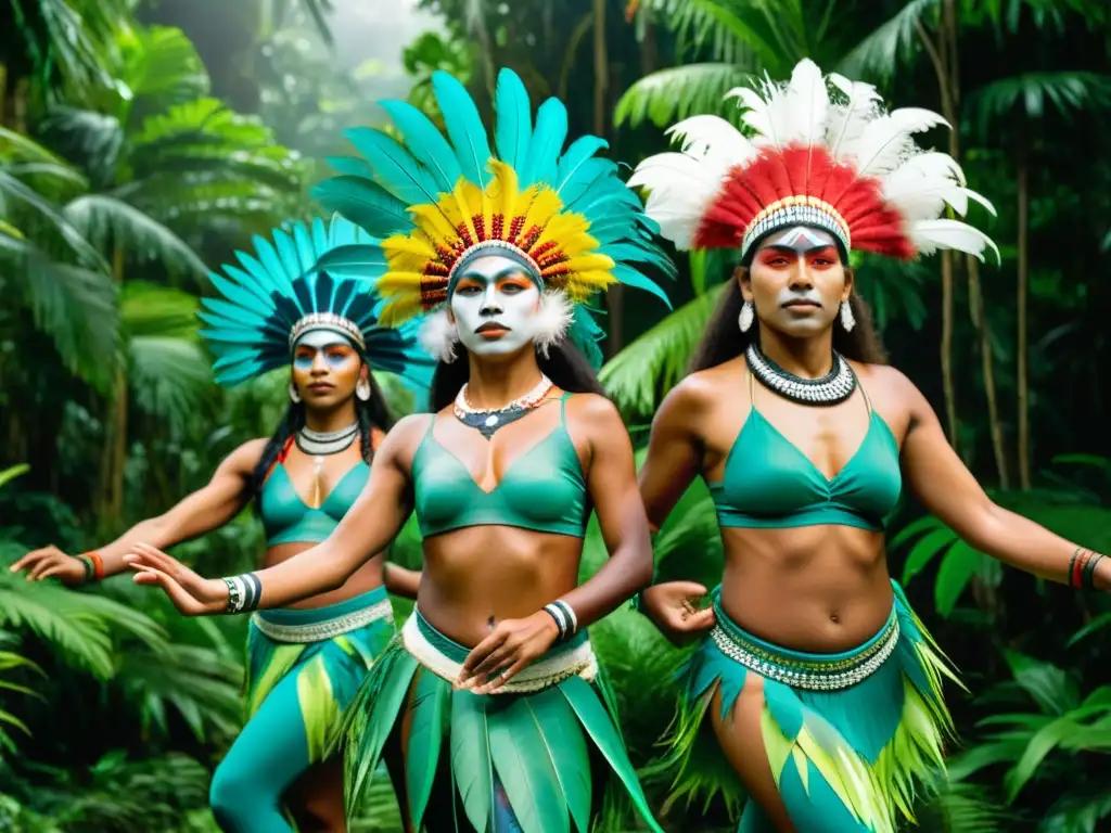 Danza curativa de Oceanía: bailarines indígenas con trajes tradicionales y plumas, en la selva tropical