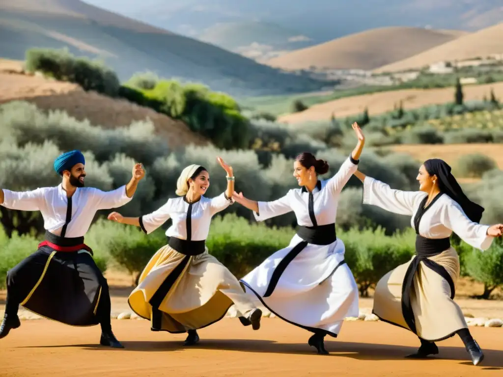 Danza Dabke: Grupo baila con alegría y energía en trajes coloridos, acompañados por músico en paisaje rural de Medio Oriente