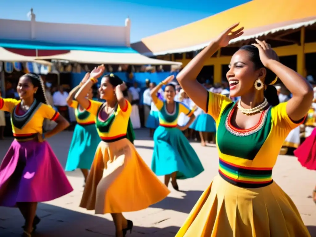 Danza Coupé Décalé en Costa de Marfil: vibrantes bailarines en trajes tradicionales realizan una enérgica actuación en un bullicioso mercado al aire libre