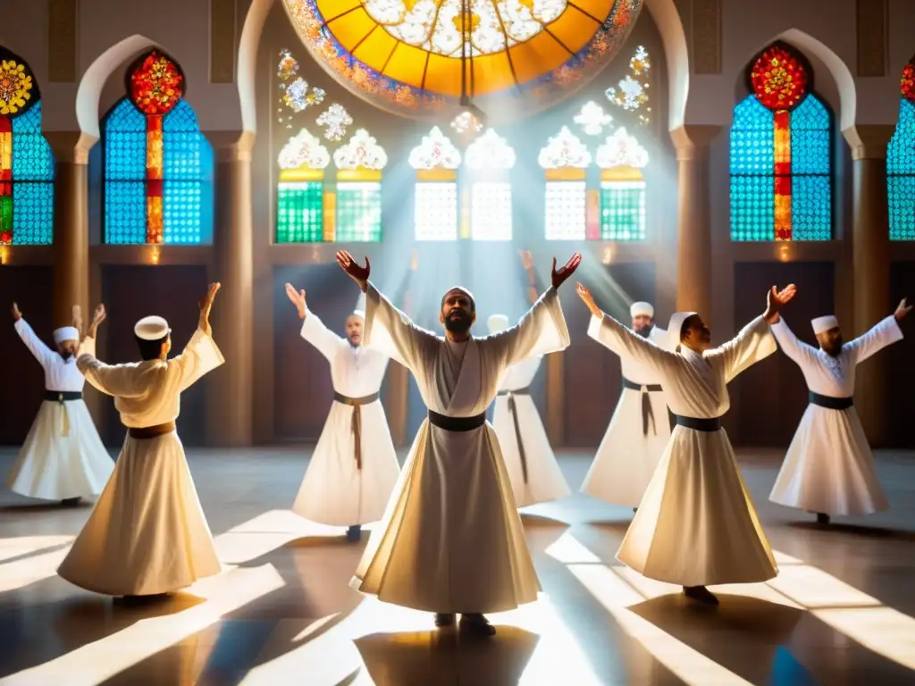 Danza de los Derviches: un círculo de derviches gira en trance espiritual, envueltos en luz y música Sufi