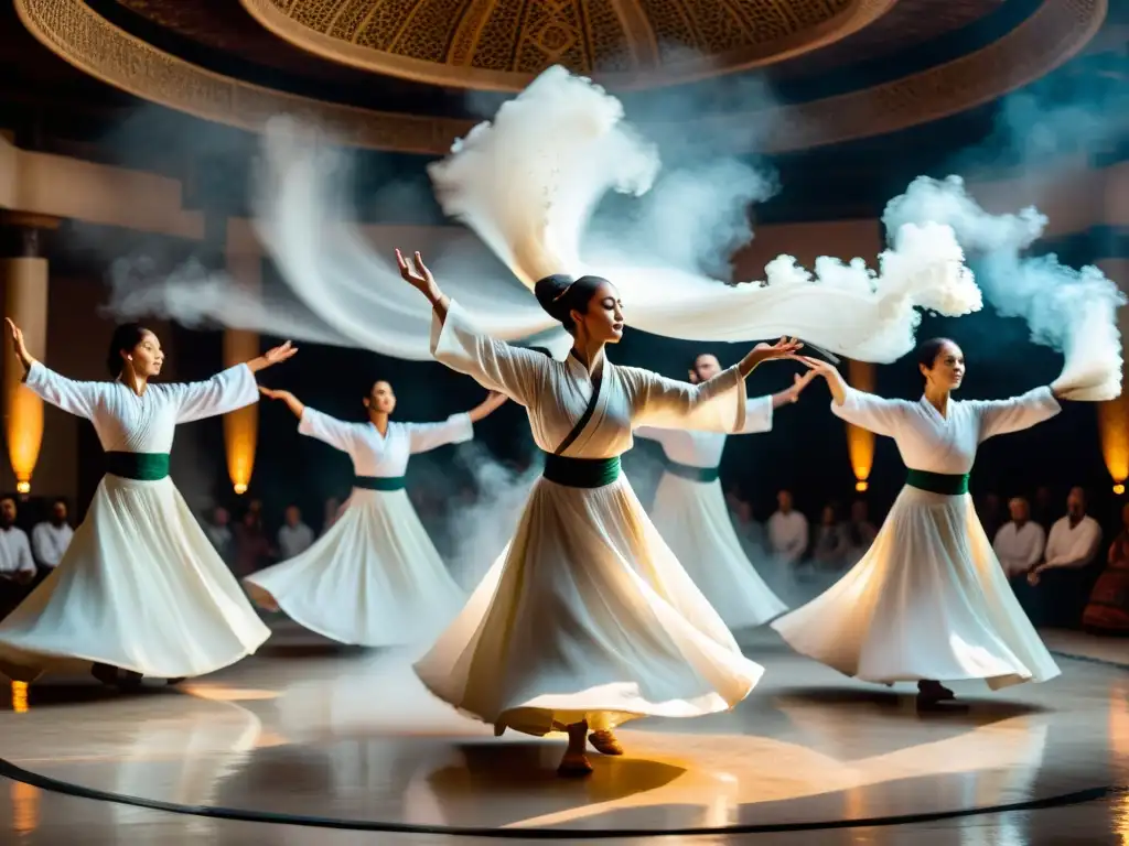 Danza de los Derviches Girovagos: Grupo de bailarines en trance, vestidos de blanco, girando en perfecta armonía, rodeados de humo de incienso y patrones en el suelo