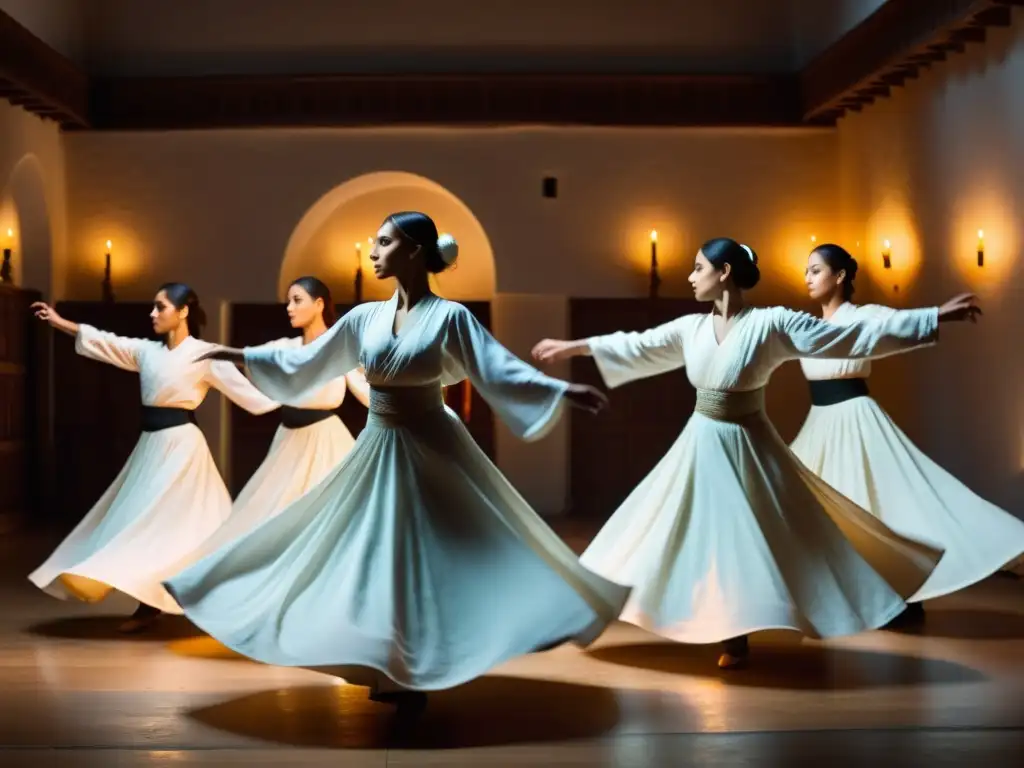 Danza de los Derviches Girovagos significado: Imagen de danzantes girando en un ambiente místico, con túnicas blancas y expresiones serenas