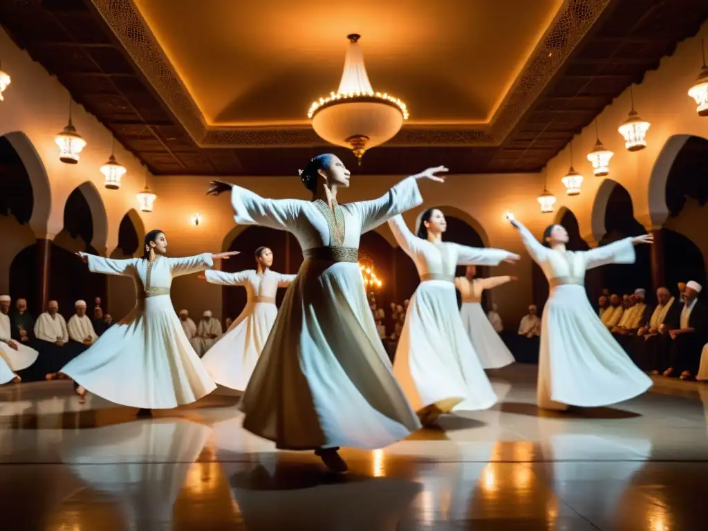 Danza de los Derviches Girovagos significado: Grupo de bailarines Derviches girando con gracia en un salón ornado, iluminados por velas